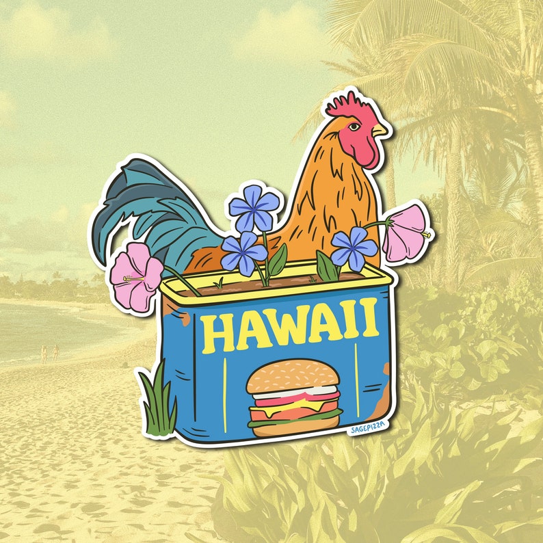 以下が含まれることがあります： 青い白の缶に「HAWAII」と印刷されています。赤い鶏冠と肉垂れのある雄鶏が缶の上に座っています。缶は、青いピンクのハイビスカスの花など、花に囲まれています。缶の中にハンバーガーが見えます。