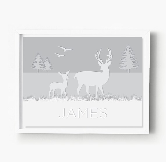 Buck Nursery Art Gray Woodland Nursery Decor Customized Baby Etsy