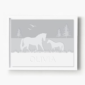 Horse Nursery Art, Gray Pony Nursery Decor, Customized Baby Girl Nursery Print, Grey Little Girl Nursery Wall Art, New Mommy Gift, Horses