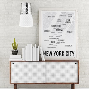 NYC Print - New York City Neighborhood Map - Boyfriend Gift, Fathers Day Gift, Wall Art, Illustration, Graphic Design Decor - White/Black