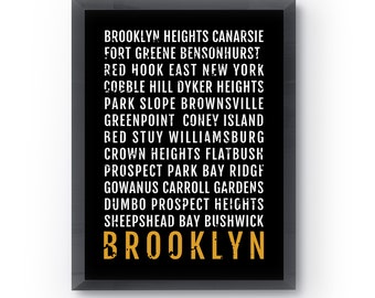 Brooklyn Print - Neighborhoods - Subway Poster, Boyfriend Gift, Husband Gift, Wall Art, Train Scroll, Bus Scroll, Word Art, Typography