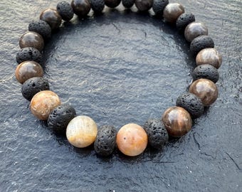 8 mm maansteen stretch armband met lavakraal
