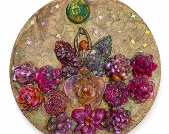 Arte mural de resina hecho a mano / Escultura floral Flor a la luz de la luna, decoración botánica que brilla en la oscuridad