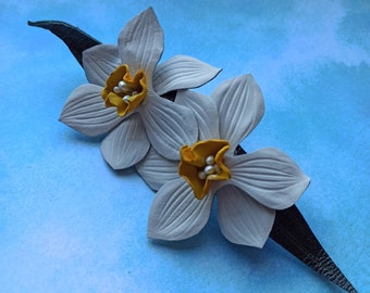 Autumn flowers with leaves French barrette, leaves Hair accessories, leather flowers French barrette, flowers hair clip, daffodils clips