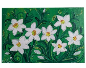 Puede incluir: Pintura acrílica de narcisos blancos con centros amarillos sobre un fondo verde vibrante. Las flores están rodeadas de hojas y tallos verdes, creando una composición floral exuberante. La obra de arte está sobre un lienzo rectangular.