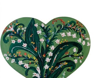 Arte mural de madera con forma de corazón pintado a mano: lirio de los valles, narcisos y fases de la primavera