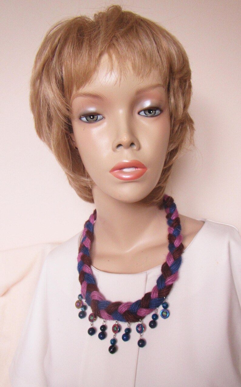 Eko Necklace, Linen Necklace natural stone beads, Linen Necklace, Stone Beads Coral linen necklace, Purple linen necklace, Boho necklace image 4
