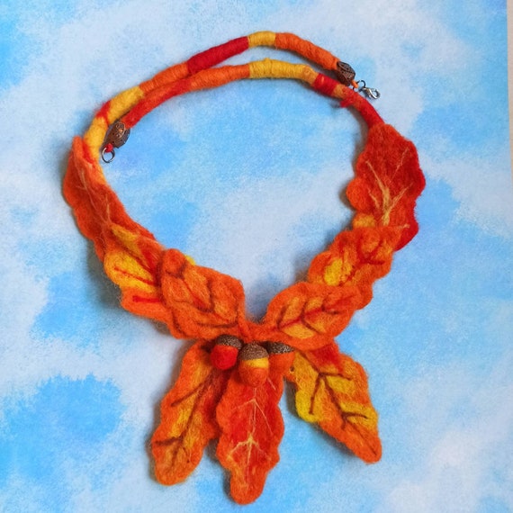 Felted Wool Autumn Leaf Necklace, Handmade Acorn Jewelry