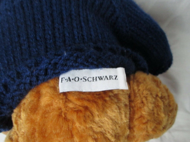 FAO SCHWARZ About 11 Plush Stuffed Soft Bear in Blue Sweater USA Flag Toy Gift Used Condition