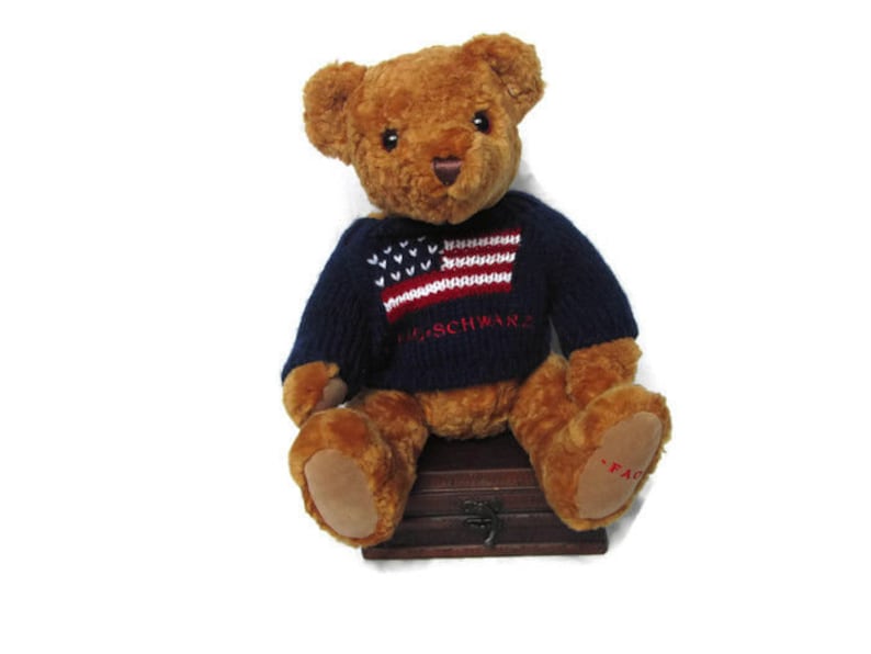 FAO SCHWARZ About 11 Plush Stuffed Soft Bear in Blue Sweater USA Flag Toy Gift Used Condition