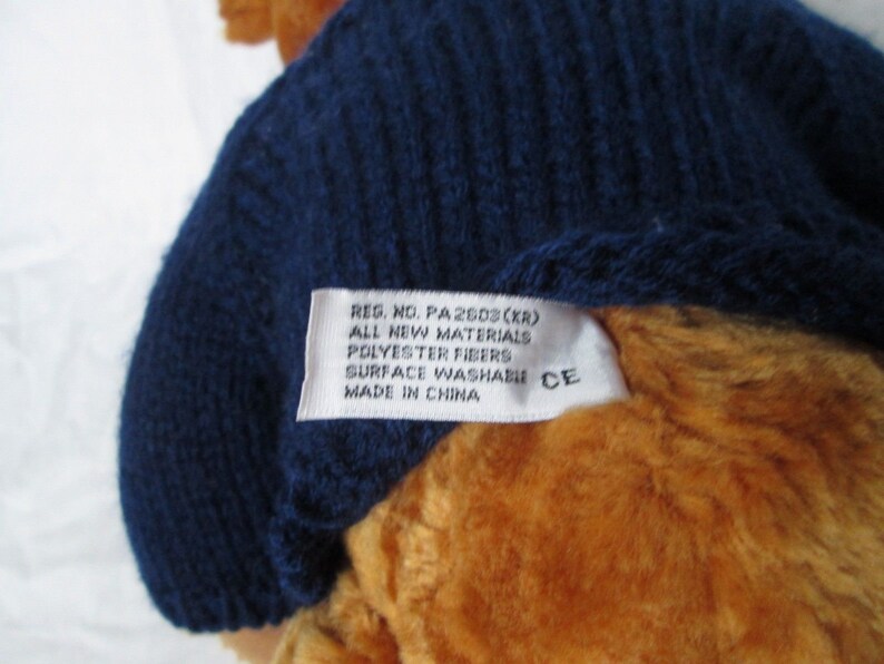 FAO SCHWARZ About 11 Plush Stuffed Soft Bear in Blue Sweater USA Flag Toy Gift Used Condition