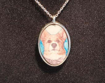 Pembroke Welsh Corgi Pendant Necklace: Heart or Oval Design, 22" Chain