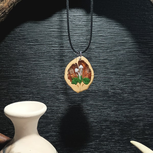 Shagbark Hickory Nut Pendant Necklace with Mushroom & Moss for the Nature Lover