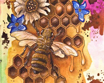 Honey Bee on Comb Limited Art Print Unique Wall Decor for the Bee/ Animal/Nature Lover