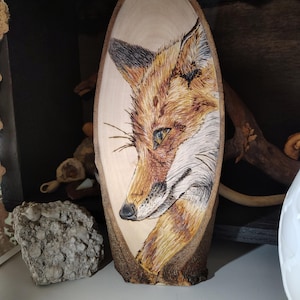 Fox Pyrography Woodburning Hand drawn Art with Color Fox for Nature Lover