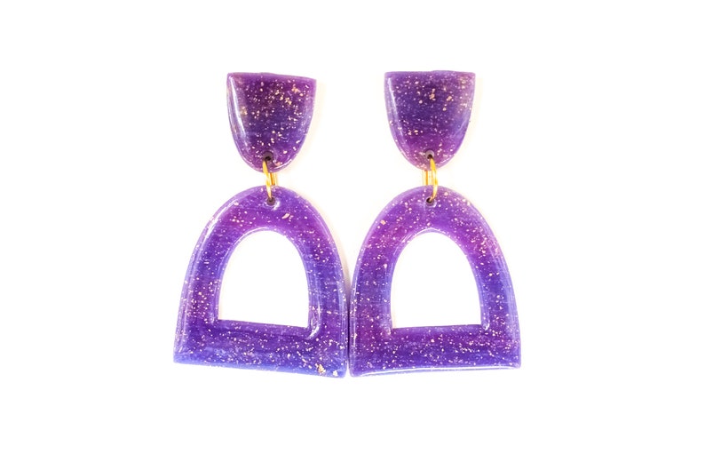 Unique Everyday Earrings For Women Half Oval Geometric Earrings Translucent Purple Polymer Clay Dangle Earrings With Gold Flakes