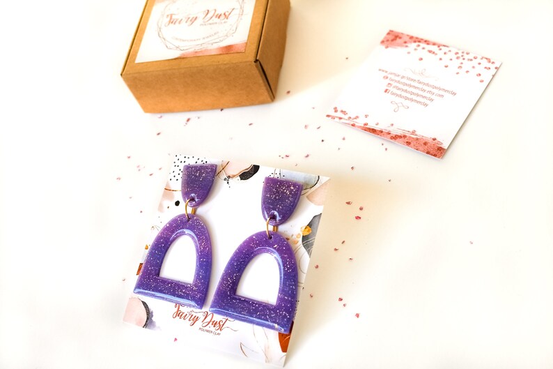 Unique Everyday Earrings For Women Half Oval Geometric Earrings Translucent Purple Polymer Clay Dangle Earrings With Gold Flakes