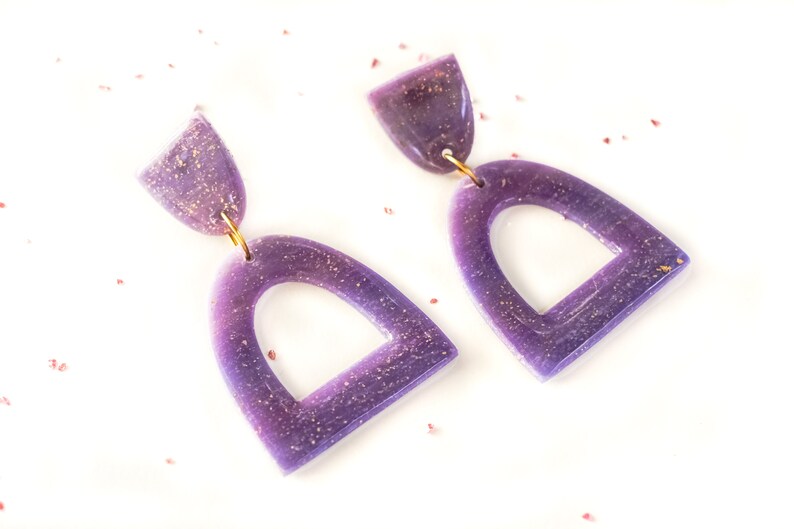 Unique Everyday Earrings For Women Half Oval Geometric Earrings Translucent Purple Polymer Clay Dangle Earrings With Gold Flakes