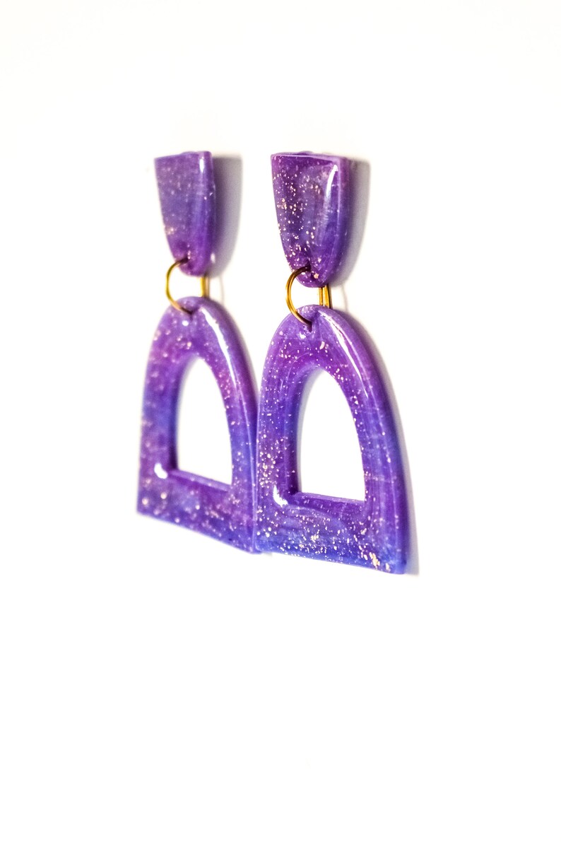 Unique Everyday Earrings For Women Half Oval Geometric Earrings Translucent Purple Polymer Clay Dangle Earrings With Gold Flakes
