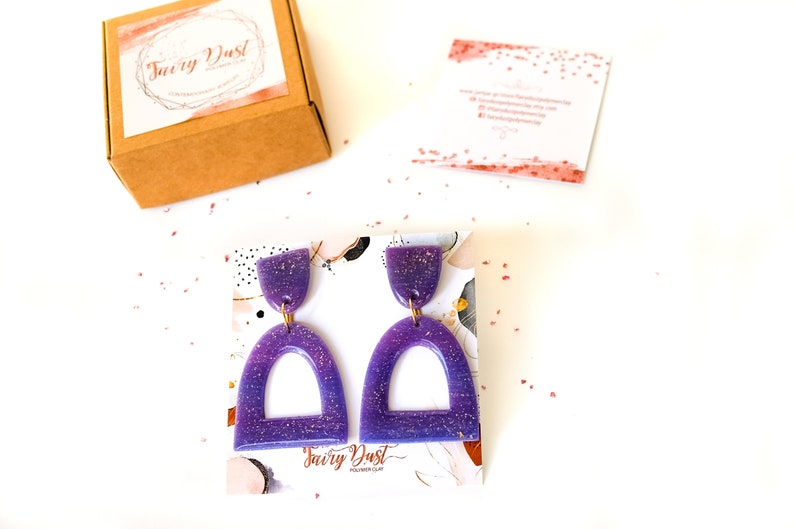 Unique Everyday Earrings For Women Half Oval Geometric Earrings Translucent Purple Polymer Clay Dangle Earrings With Gold Flakes