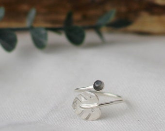 Gray Moonstone Monstera Wrapped Ring