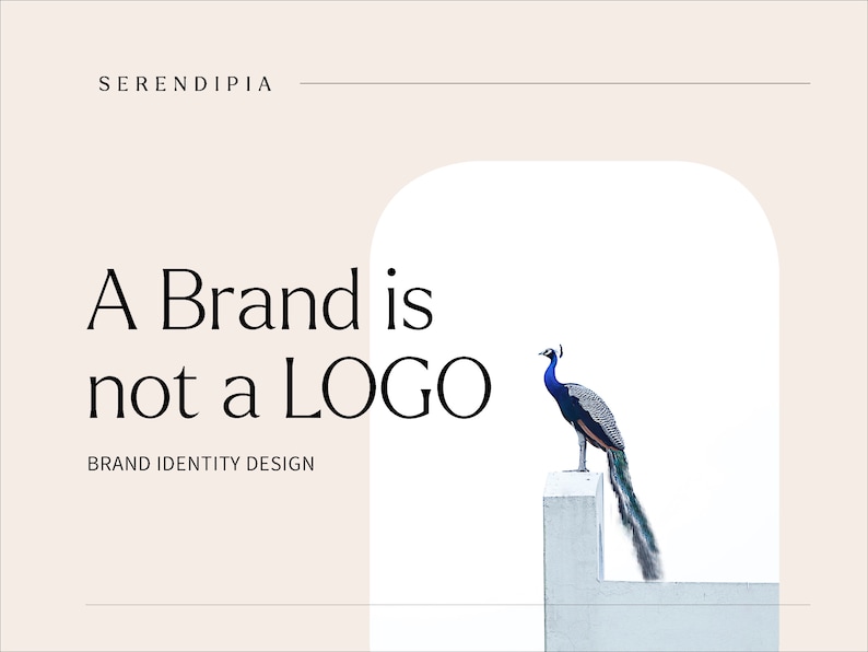 May include: A white background with a peach colored border. The text "A Brand is not a LOGO" is in black font. The text "BRAND IDENTITY DESIGN" is in smaller black font. A peacock is perched on a white wall in the background.
