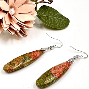 Unakite Long Water Drop shape earrings, Earrings Summer Gift Idea , Gemstone Earrings Jewelry