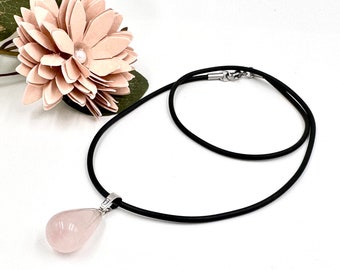 Rose quartz tear water drop shape pendent with stainless steel clasp, gemstone pendant woman gift idea