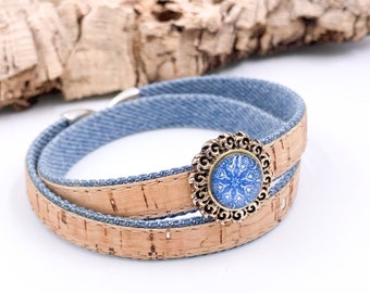 Wrap Cork Bracelet A with blue Jeans, Unisex Portuguese Cork Bracelet, Vegan Bracelet gift idea