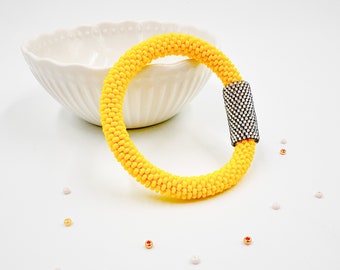 Yellow handmade Beaded crochet Bracelet with silver peyote, Bangle of beads and peyote, no clasp bracelet Summer gift idea