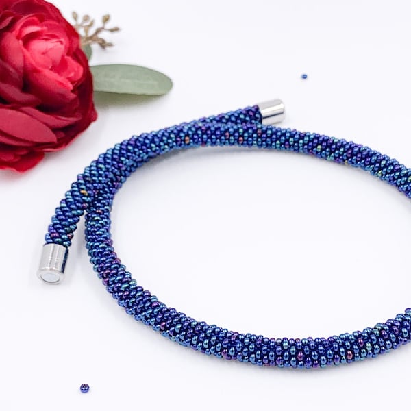 Blue Necklace Beaded crocheted rope (bracelet optional), tube glass necklace, Bead Crocheted Necklace Mother day gift