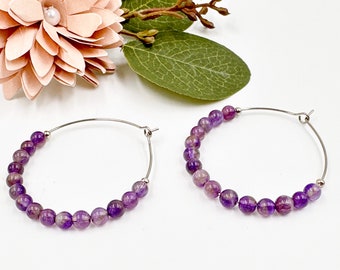 Pendientes de aro criollo de amatista, Pendientes de piedras preciosas para mujer, Pendientes de aro Boho, Pendientes de mujer de aro morado para verano