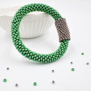 Green Beaded handmade crochet Bracelet with peyote no clasp bracelet Mother Day gift idea