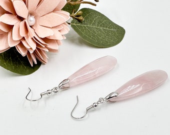 Pendientes de cuarzo rosa con forma de gota de agua larga, pendientes idea de regalo para el día de la madre, joyas de pendientes de piedras preciosas para el verano