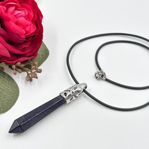 Blue Sand stone Hexagon Prism Pendant with Stainless Steel Clasp, Gemstone Necklace Pendant, Dark Blue Pendant Necklace Summer Gift Idea