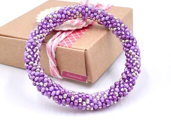 Mix Purple/silver Beaded Handmade Crochet Bracelet No clasp gift Jewelry