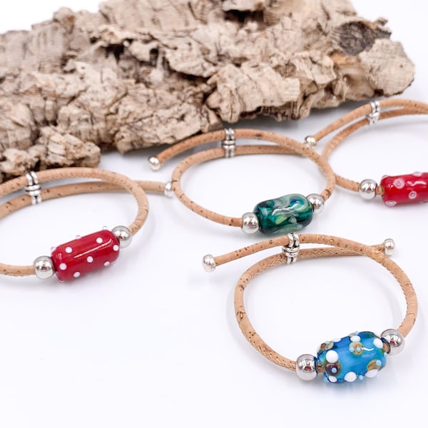 Natural Portuguese Cork Bracelet Handmade glass beads, Kork Armband, Vegan Bracelet, Cork woman bracelet, bracelet for summer