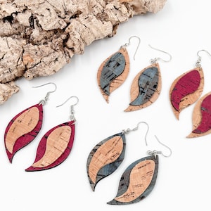 Colorful Dangle and Drop Feathers Cork Earrings II, natural colorful vegan jewelry Summer gift
