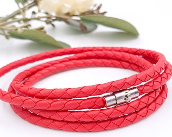 Four Wrap Red Braided Leather unisex Bracelet, Bracelet for Summer , Multi wrap unisex leather Bracelet