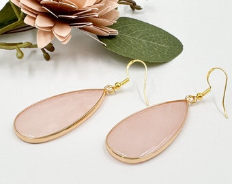 Earrings with Rose Quartz Water Drop shape, Earrings Gift Idea For Her, Gemstone Earrings Jewelry