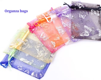 Sacs en organza 7x9cm 9x12cm 13x18cm 15x20cm avec des papillons de couleurs mélangées pour sac à bijoux cadeau surprise, emballage d'emballage de stockage de bijoux