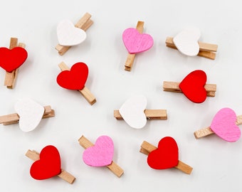 Set of Mini wooden Clothespins (3cm) with Hearts White Pink Red, mini wooden clothes pegs, Decorative Clothespins, DIY Confetti