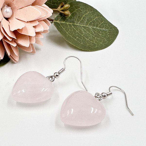 Rose Quartz Heart shape Dangle Earrings, Pink Earrings Christmas Gift Idea For Her, Gemstone Earrings Jewelry,