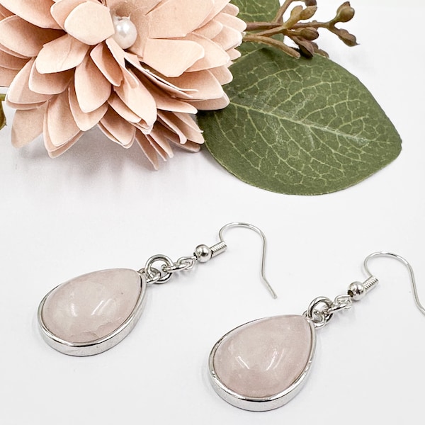 Rose Quartz Teardrop earrings Summer Gift Idea For Her, Gemstone Rose Earrings Jewelry, Ohrringe