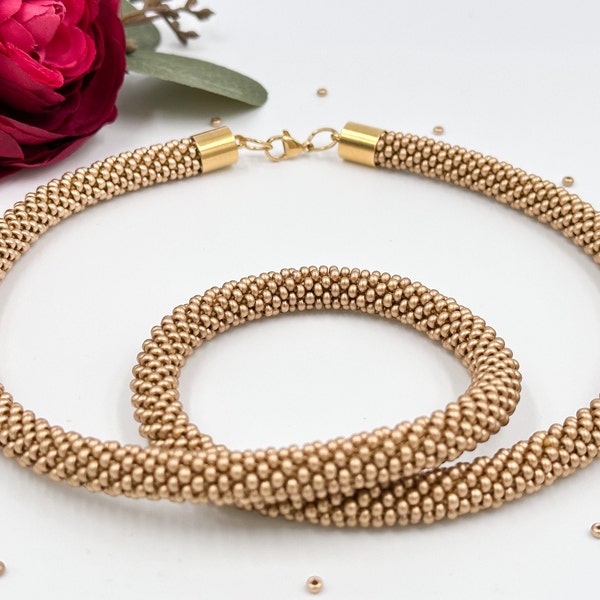 Golden crocheted Necklace rope (Bracelet optional),  Beaded glass pearl Necklace, Pearl Necklace Christmas gift