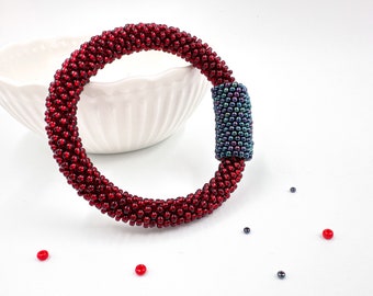 Dark Red Beaded handmade crochet Bracelet with peyote, Bangle of beads and peyote, no clasp bracelet gift idea