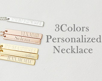 Vertical Bar Necklace, Custom Name Necklace, Name Bar Necklace, Coordinate Necklace, Roman Numeral Necklace, Personalized Necklace,Engraving