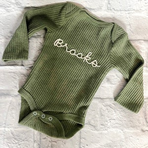 Custom Hand Embroidered Baby Bodysuit: Long Sleeve Waffle or Ribbed