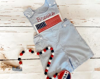 Hand Embroidered 4th of July Flag Baby Romper - Personalized