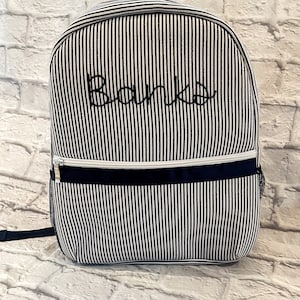 Custom Hand Embroidered Seersucker Backpacks - Perfect for back to school or as a diaper bag, daycare bag, or overnight bag!
